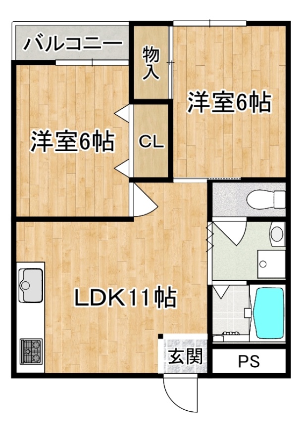 間取り　2ｌDK（洋室6帖×2　LDK11帖）